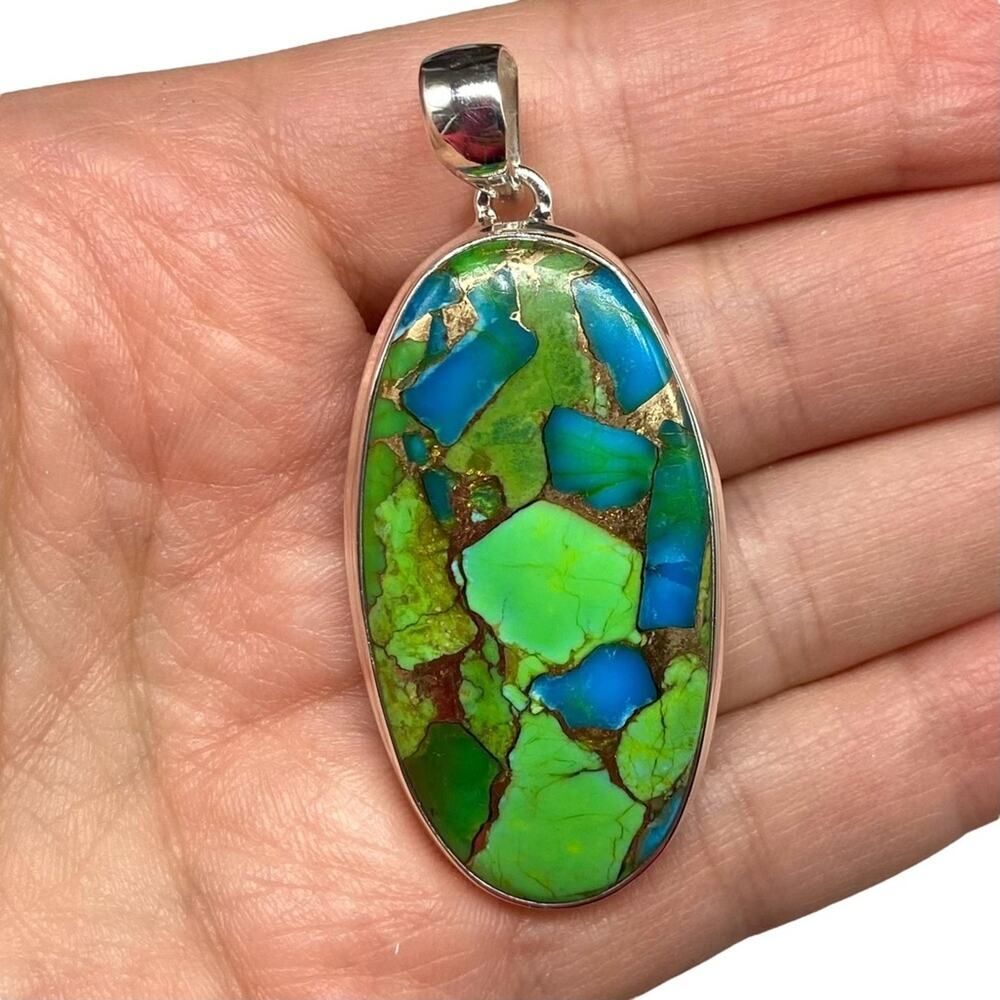 Kingman Turquoise Necklace Pendant Oval Solid 925 Sterling Silver Green Blue - Picture 2 of 8